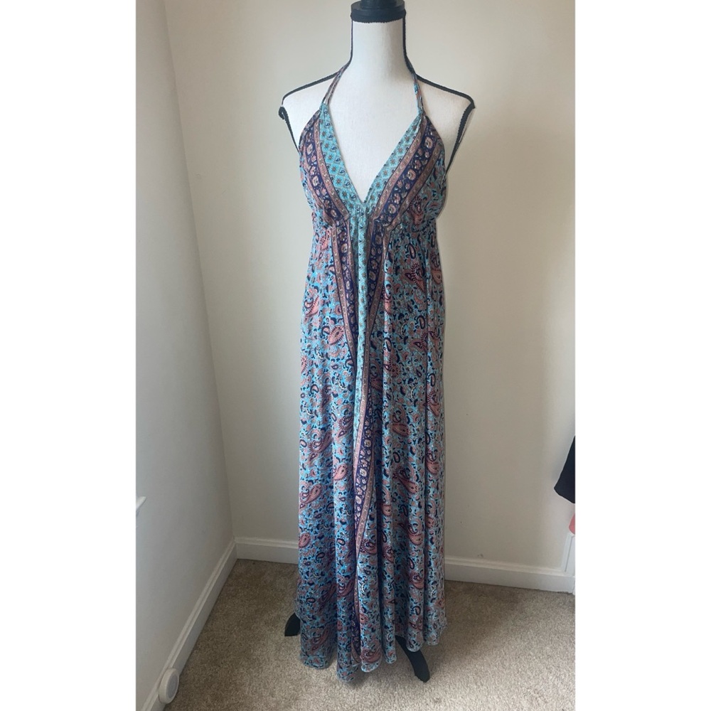 Bohemian Blue and Pink Halter Silk Blend Maxi Dress